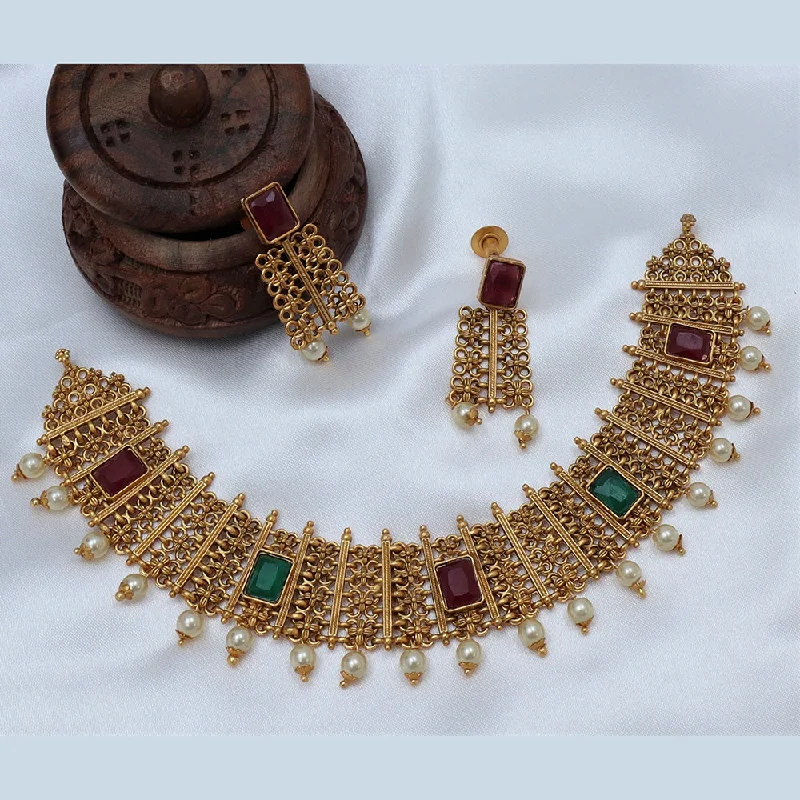 Classy Silver Necklace-Diksha Collection Gold Plated Pota Stone Necklace Set