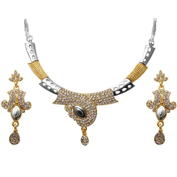 Silver and Pearl Necklace-Kriaa Austrian Stone 2 Tone Necklace Set - 1105003