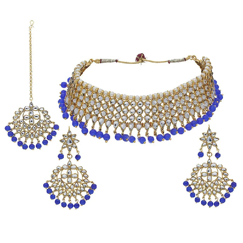 Sterling Silver Necklace-Etnico 18K Gold Plated Traditional Handcrafted Kundan & Pearl Studded Choker Necklace Jewellery Set with Earrings & Maang Tikka (K7075Bl)