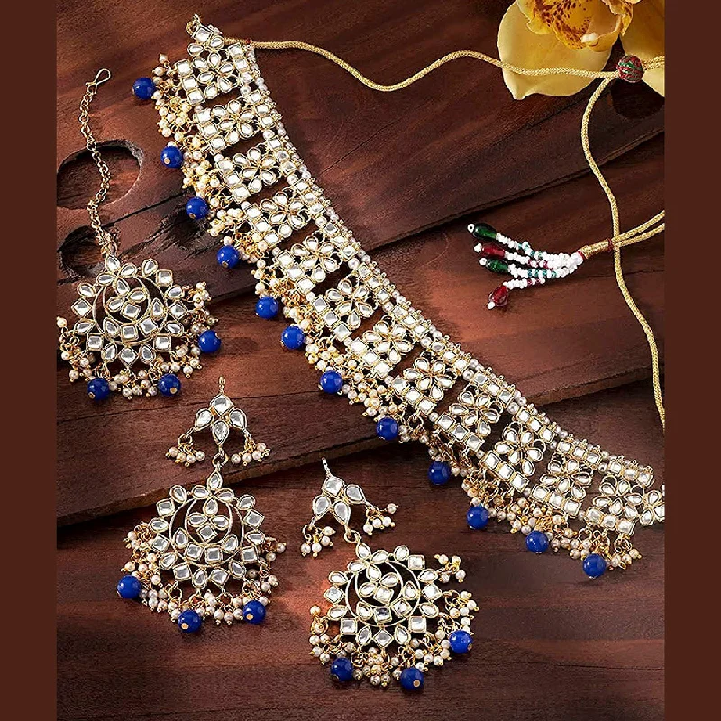 Vintage Inspired Necklace-Etnico Gold Plated Traditional Kundan & Pearl Studded Choker Necklace Jewellery Set with Earrings & Maang Tikka For Women (K7069Bl)