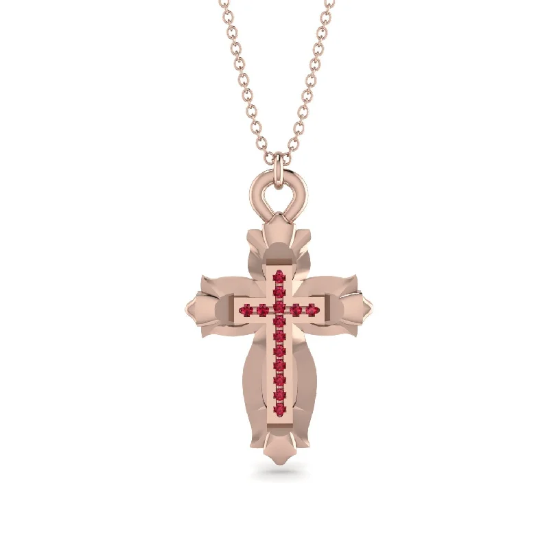 Long Statement Necklace-Unique Halo Cross Ruby Necklace - Ezra No. 11