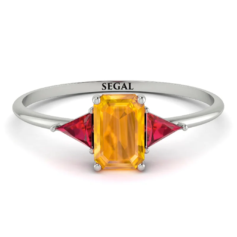 Emerald Cut Yellow Diamond With Triangles Ring - Remi No. 1012