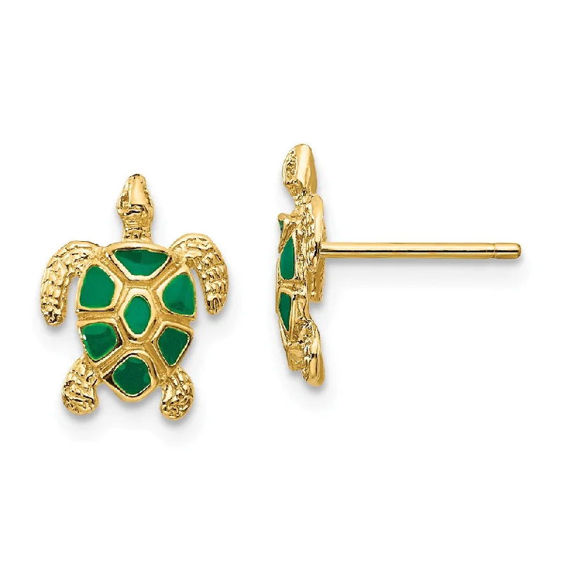 Bohemian Style Earrings-Small Green Enameled Sea Turtle Post Earrings in 14k Yellow Gold