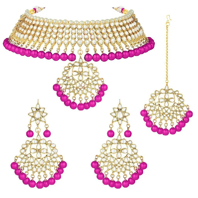 Trendy Multi-layer Necklace-Etnico 18K Gold Plated Traditional Kundan & Pearl Studded Choker Necklace With Earrings and Maang Tikka Set (K7058Q)