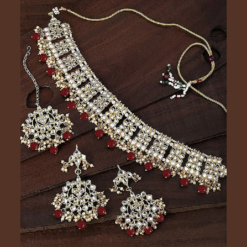 Handmade Necklace-Etnico Gold Plated Traditional Kundan & Pearl Studded Choker NecklaceJewellery Set with Earrings & Maang Tikka For Women (K7069M-1)