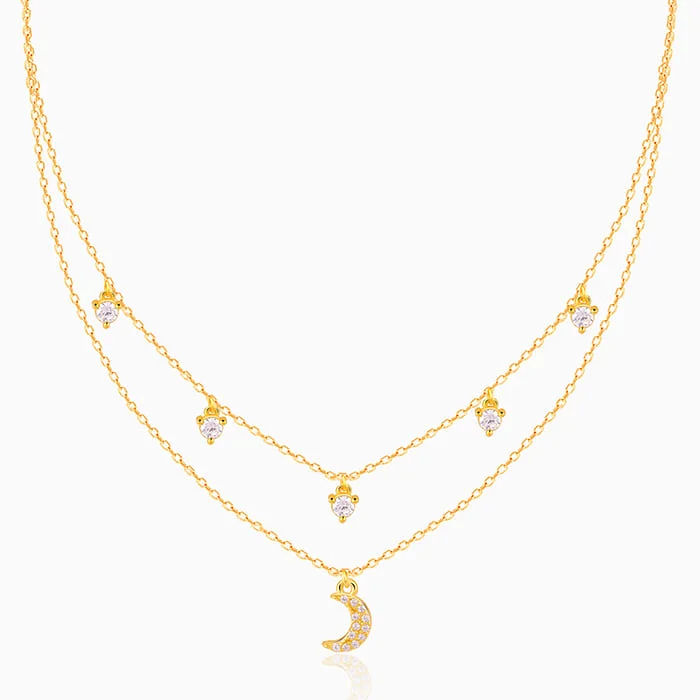 Heart Shaped Silver Necklace-Golden Crescent Zircon Necklace