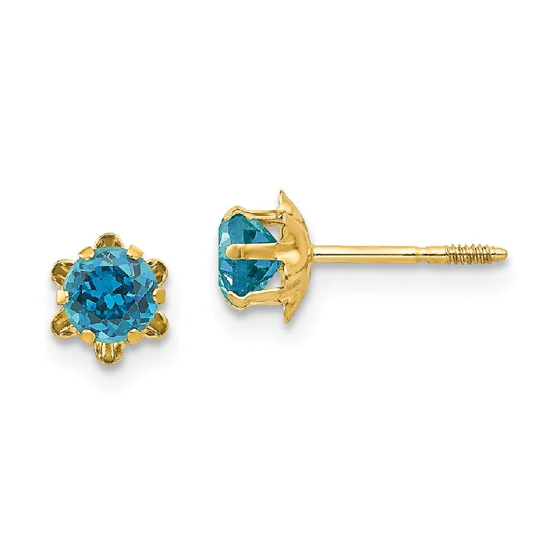 Handmade Gemstone Earrings-Kids 4mm Synthetic Blue Topaz Screw Back 14k Yellow Gold Stud Earrings