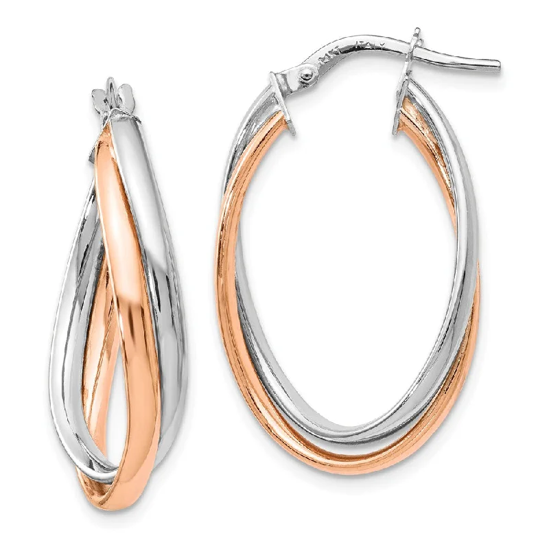 Elegant Cluster Earrings-4 x 20mm (3/4 Inch) 14k White and Rose Gold Double Oval Hoop Earrings