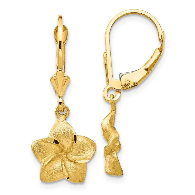 Party Statement Earrings-11mm Satin and Diamond Cut Plumeria Dangle Earrings in 14k Yellow Gold