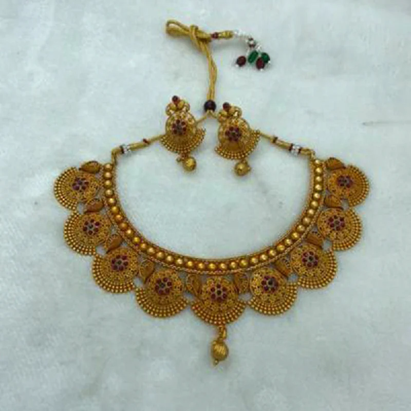 Elegant Gold Leaf Necklace-Sai Fashion Gold Plated Pink & Green Pota Stone Choker Necklace Set