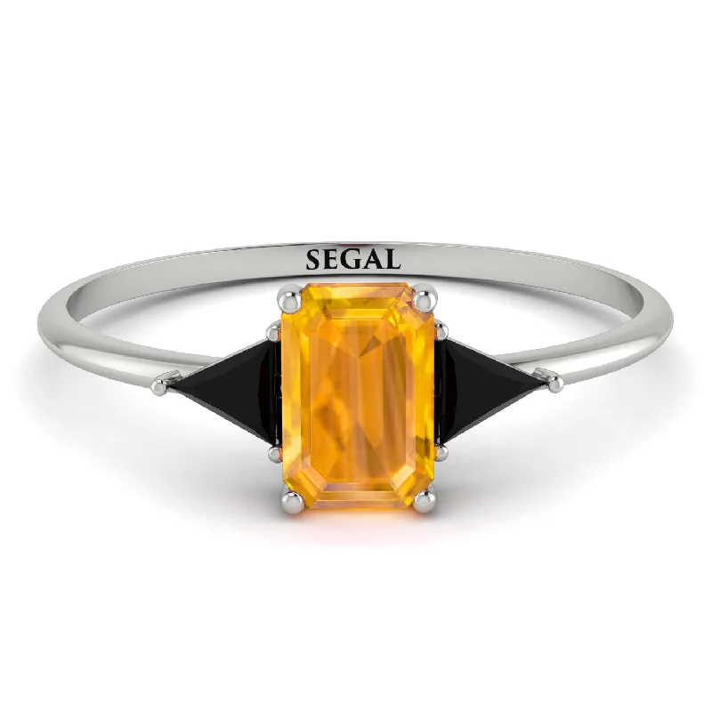 Emerald Cut Yellow Diamond With Triangles Ring - Remi No. 1009