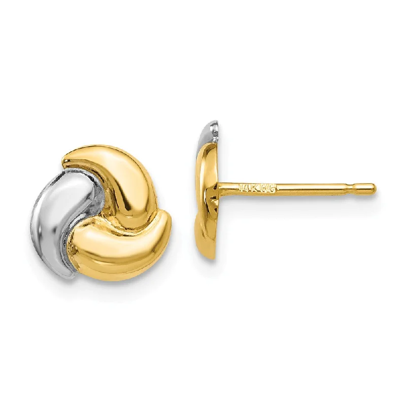 Small Gold Earrings-8mm 14k Yellow Gold and Rhodium Polished Two Tone Knot Post Earrings