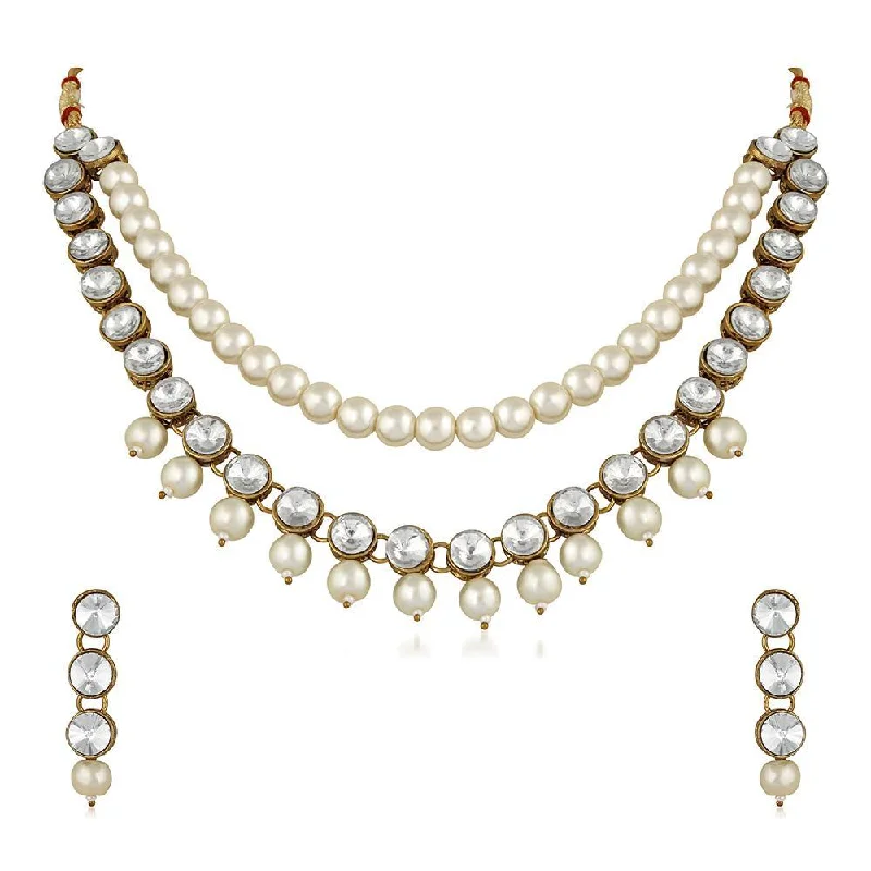 Simple Bar Necklace-Mahi Traditional Jewellery Kundan and Artificial Pearl Layered Necklace Set with Earrings for Women (VNCJ100251WHT)