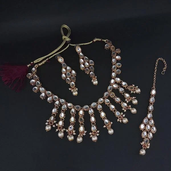 Wedding Pearl Necklace-Amina Creation Gold Plated White Kundan And Pearl Necklace Set With Maang Tikka - 1107979A