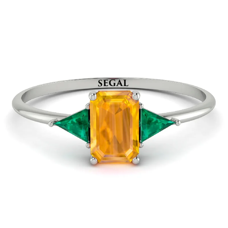 Emerald Cut Yellow Diamond With Triangles Ring - Remi No. 1006