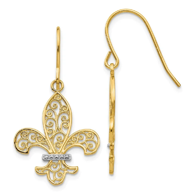 Colorful Tassel Earrings-Two Tone Fleur De Lis Filigree Dangle Earrings in 14k Gold