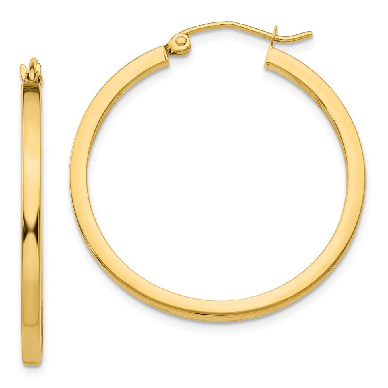 Artistic Pearl Earrings-2mm, 14k Yellow Gold, Polished Square Tube Hoops, 30mm (1 1/8 Inch)