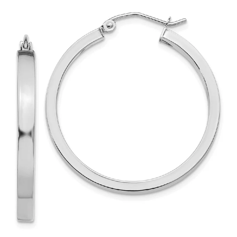 Chunky Hoop Earrings-3mm, 14k White Gold Polished Rectangle Tube Hoops, 30mm (1 1/8 Inch)