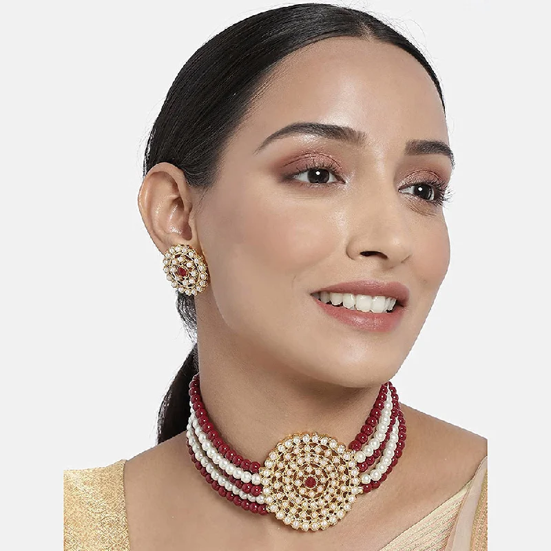 Elegant Pearl Necklace-Etnico 18K Gold Plated Traditional Light Weight Pearl Beaded Choker Necklace Jewellery Set Glided With Moti Work (ML239MW1)