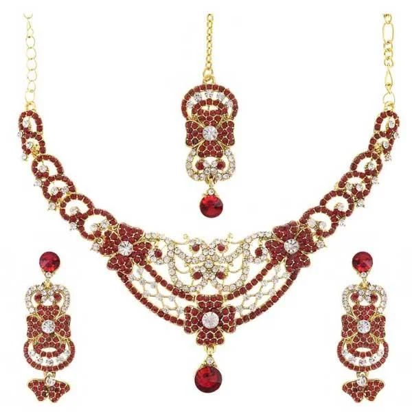 Long Gold Necklace-Kriaa Gold Plated Austrian Stone Necklace Set With Maang Tikka - 1105315