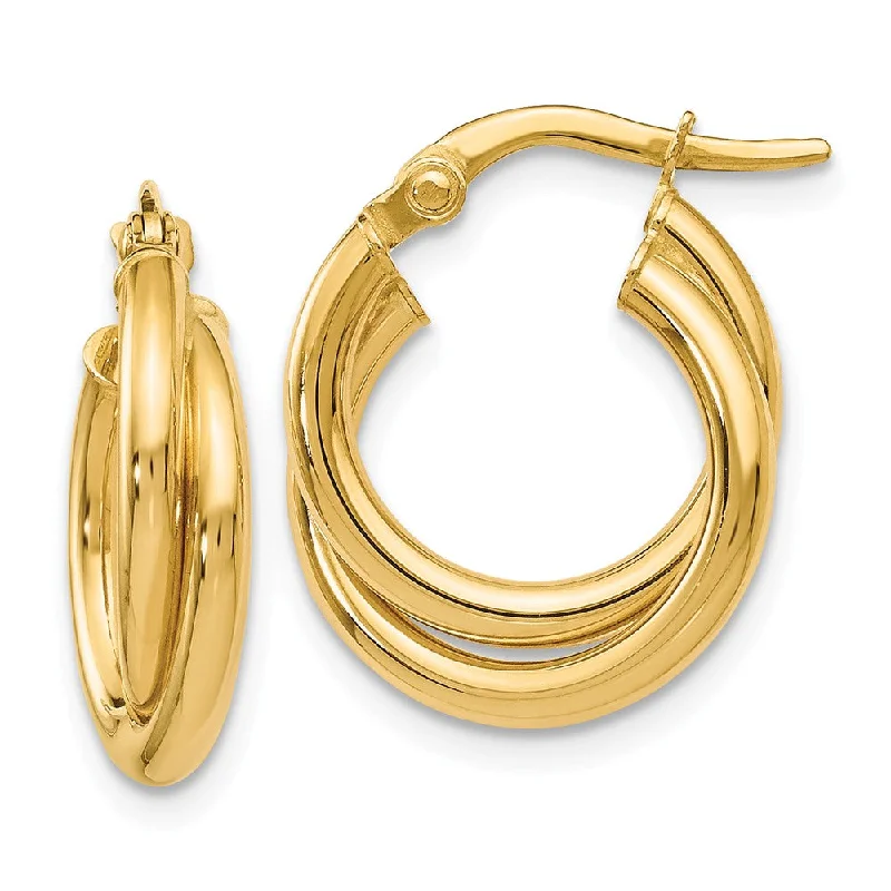 Vintage Gold Earrings-4mm Crossover Double Round Hoop Earrings in 14k Yellow Gold, 17mm