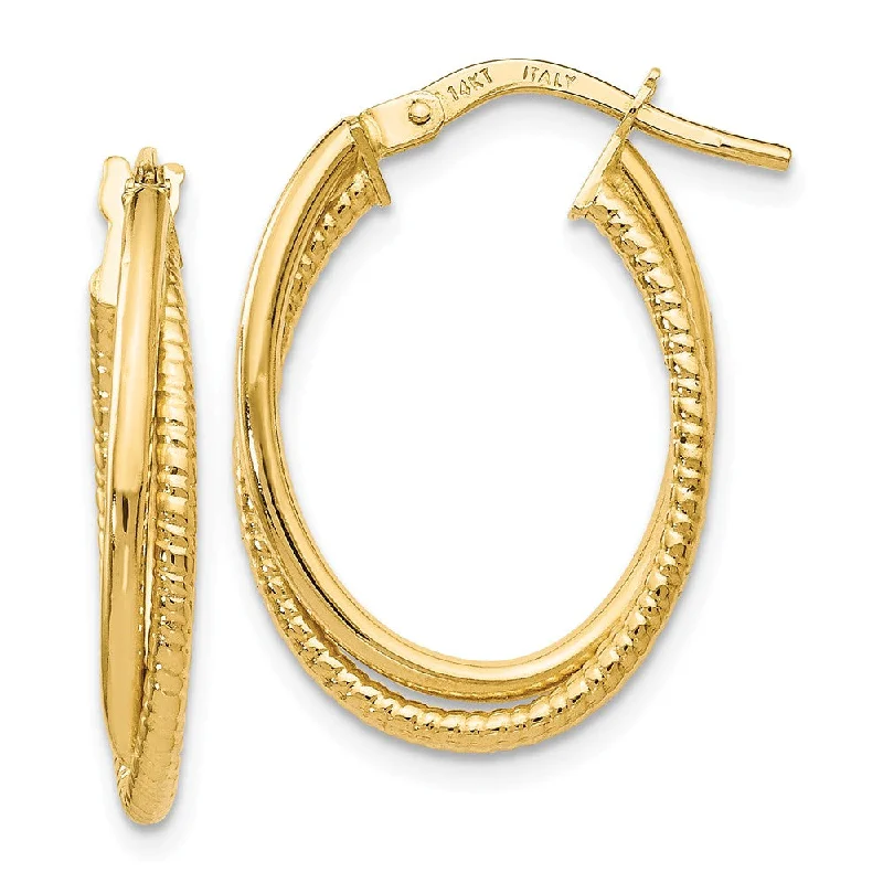 Long Statement Earrings-3mm x 23mm (7/8 Inch) 14k Yellow Gold Double Oval Hoop Earrings