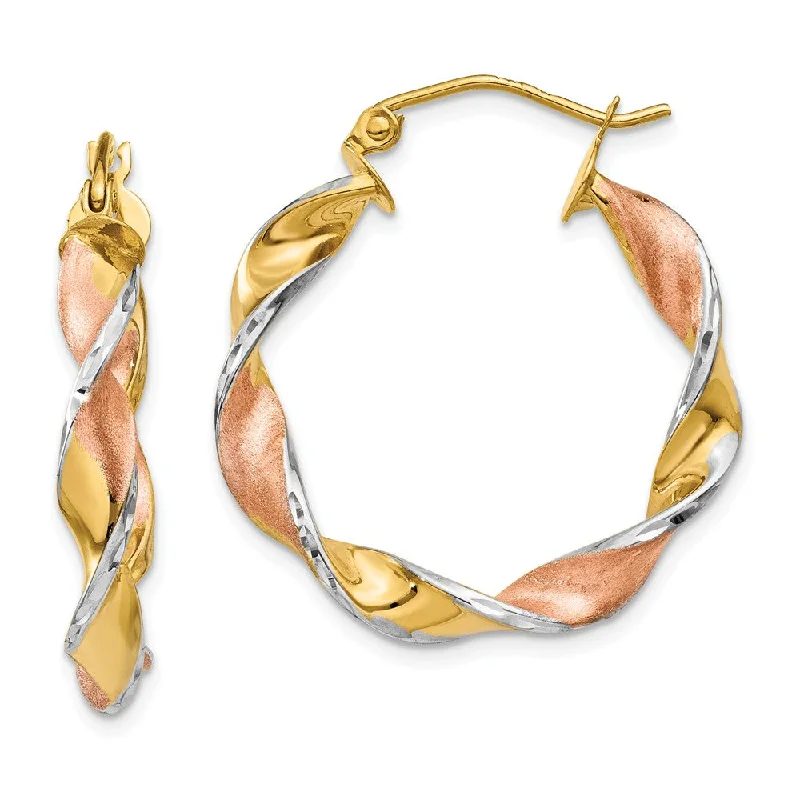 Chic Statement Earrings-Tri-Color Twisted Round Hoops in 14k Yellow Gold, 25mm (1 Inch)