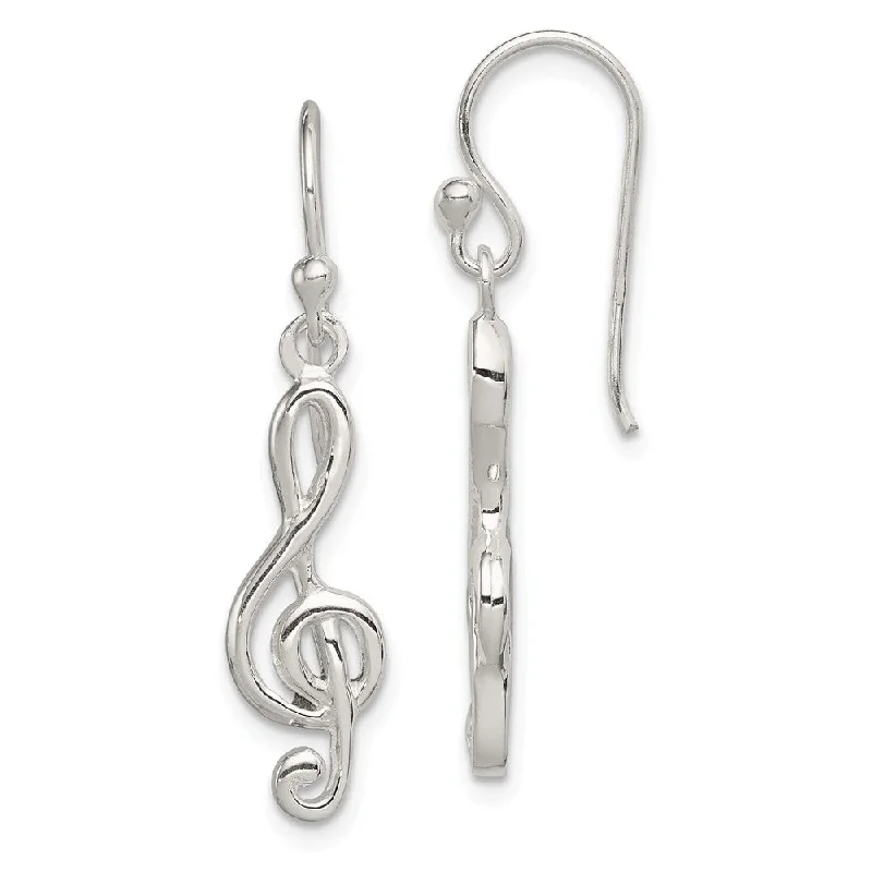 Bold Gemstone Earrings-Polished Treble Clef Dangle Earrings in Sterling Silver