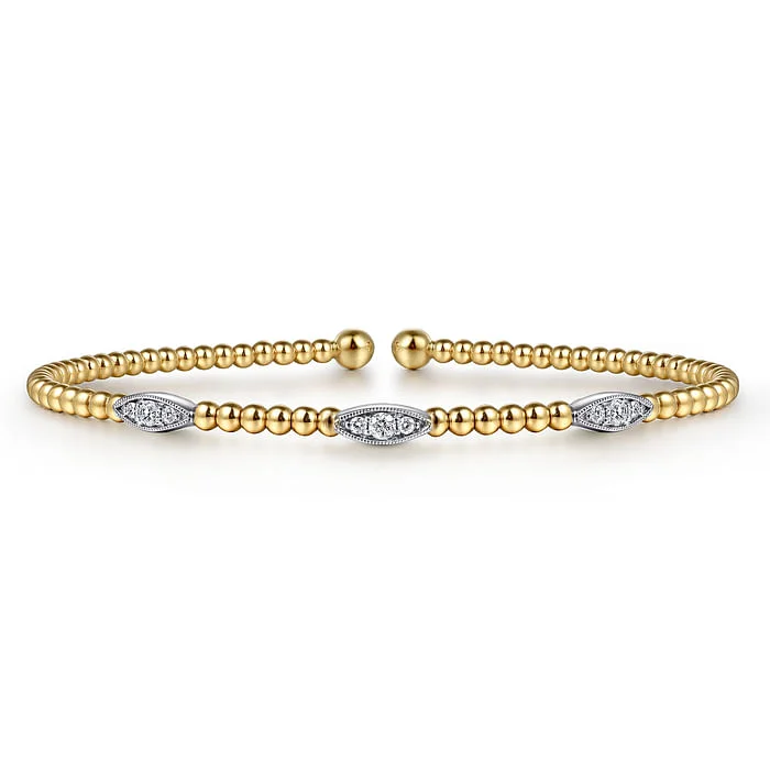 Bangle Set with Pearls-14K White-Yellow Gold Bujukan Diamond Marquise Stations Bangle