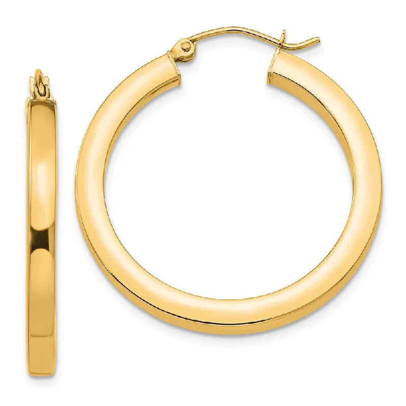 Statement Pendant Earrings-3mm, 14k Yellow Gold Square Tube Round Hoop Earrings, 30mm (1 1/8 In)