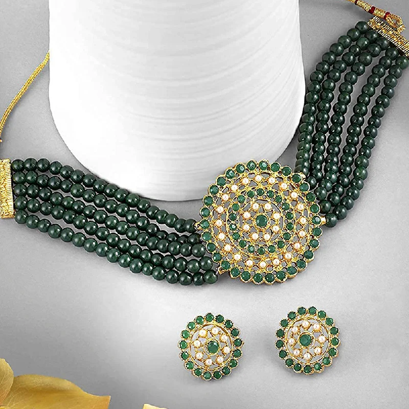 Double Pendant Necklace-Etnico 18K Gold Plated Traditional Light Weight Pearl Beaded Choker Necklace Jewellery Set Glided With Moti Work