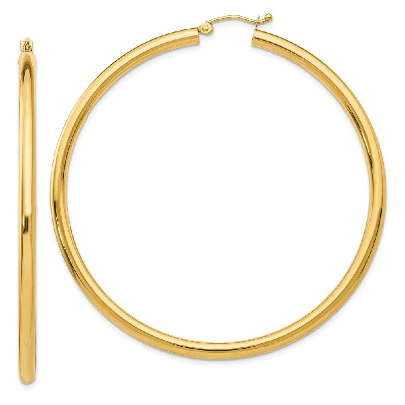 Silver and Gold Earrings-3mm x 60mm 14k Yellow Gold Classic Round Hoop Earrings