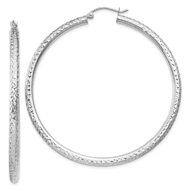 Luxe Drop Earrings-3mm x 55mm, 14k White Gold, Diamond-cut Round Hoop Earrings