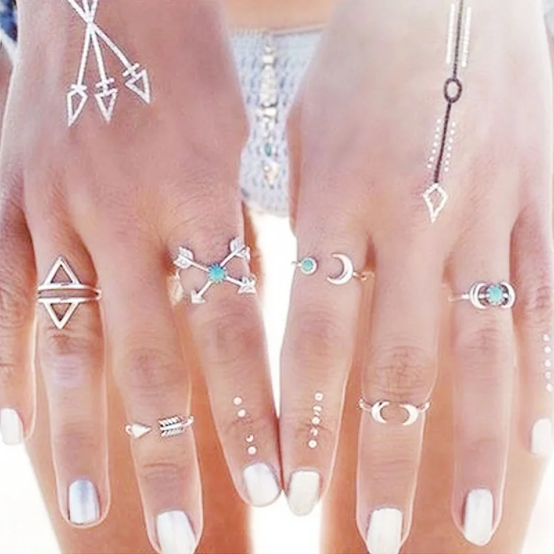 Sexy Sparkles 6PCS Fashion Vintage Turkish Arrow Moon Turquoise Joint Knuckle Nail Midi Ring Set