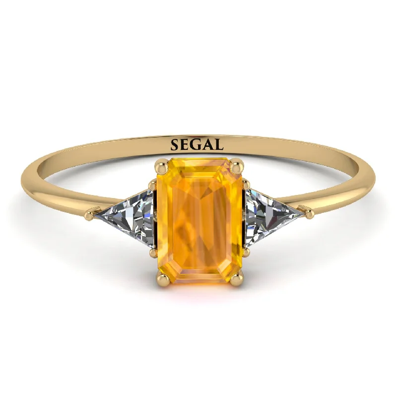 Emerald Cut Yellow Diamond With Triangles Ring - Remi No. 1001