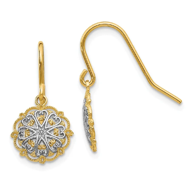 Round Gold Earrings-9mm Textured Dangle Earrings in 14k Yellow Gold and White Rhodium