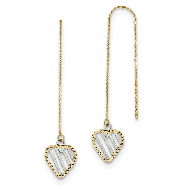 Classic Gold Earrings-9 x 45mm 14k Yellow Gold & White Rhodium Heart Threader Earrings