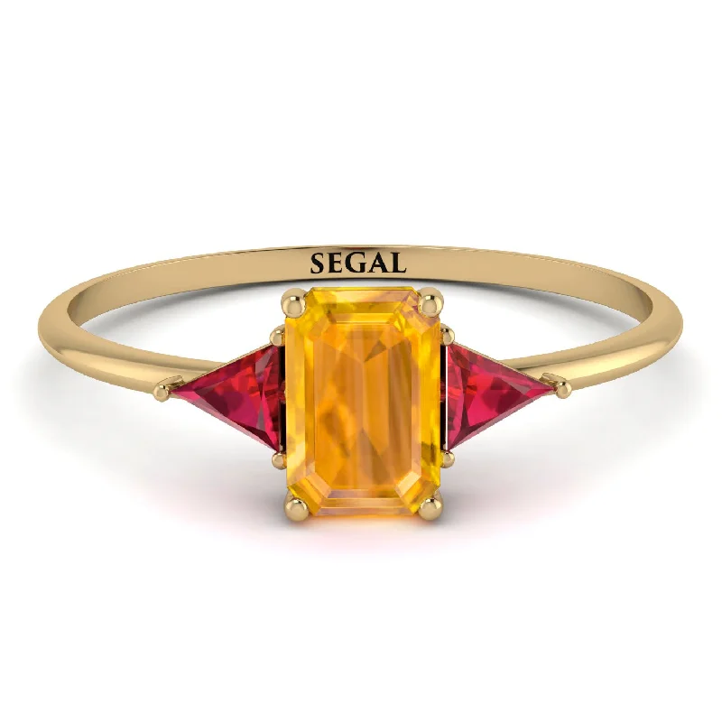 Emerald Cut Yellow Diamond With Triangles Ring - Remi No. 1010