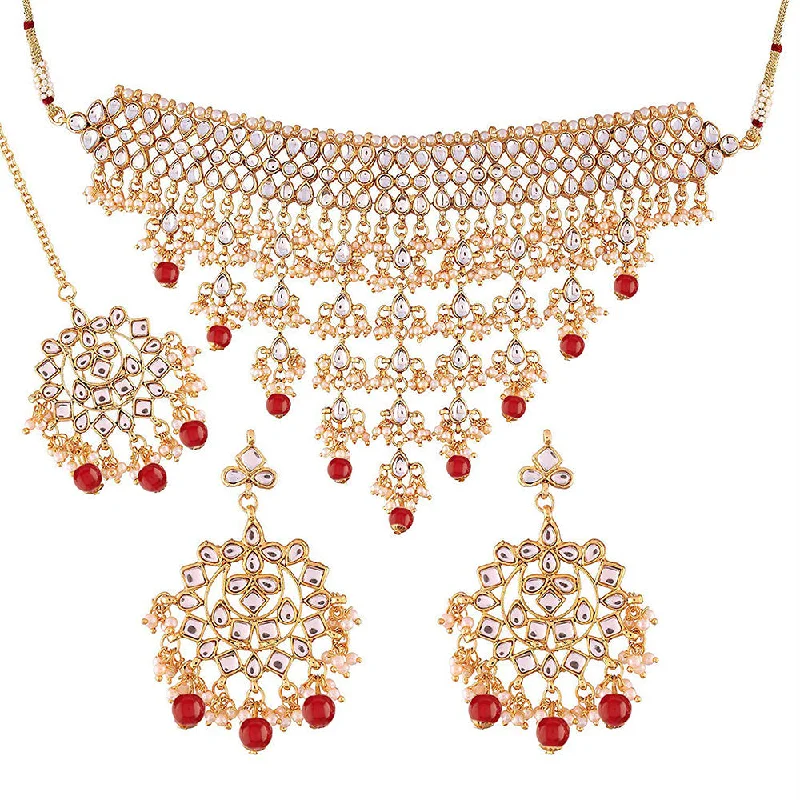 Simple Chain Necklace-Etnico 18K Gold Plated Traditional Kundan & Pearl Studded Choker Necklace Jewellery Set with Earrings & Maang Tikka For Women (K7064R)