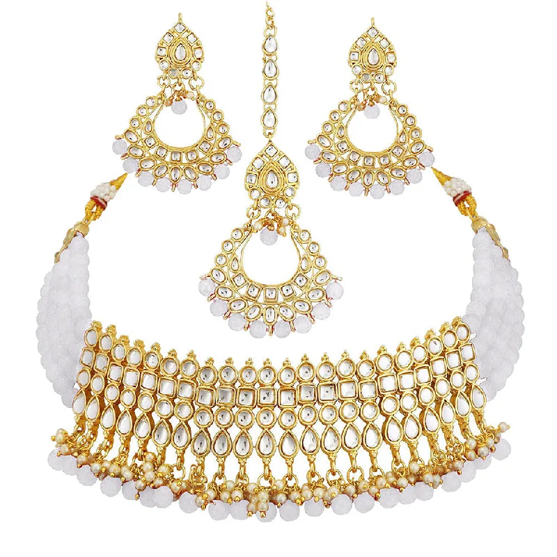 Silver Chain Necklace-Etnico 18K Gold-Plated Studded Kundan & Pearl Studded Choker Necklace Jewellery Set for Women Kundan & Girls (K7083W)