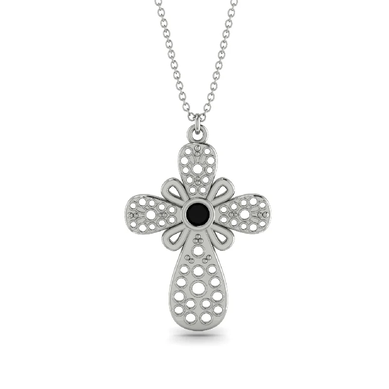 Pearl and Diamond Necklace-Unique Glam Black Diamond Cross Necklace - Leo No. 9