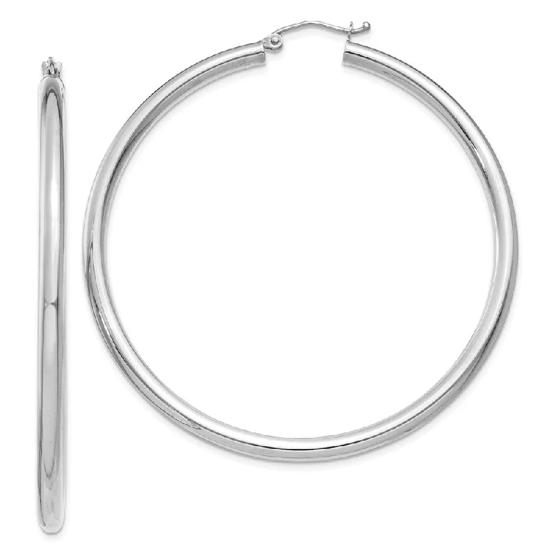 Double Hoop Earrings-3mm, 14k White Gold Classic Round Hoop Earrings, 55mm (2 1/8 Inch)