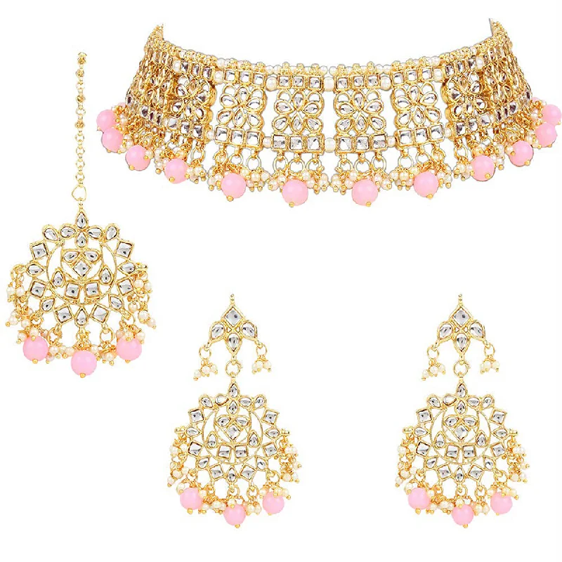 Colorful Gemstone Necklace-Etnico Gold Plated Traditional Kundan & Pearl Studded Choker NecklaceJewellery Set with Earrings & Maang Tikka For Women (K7069Pi)