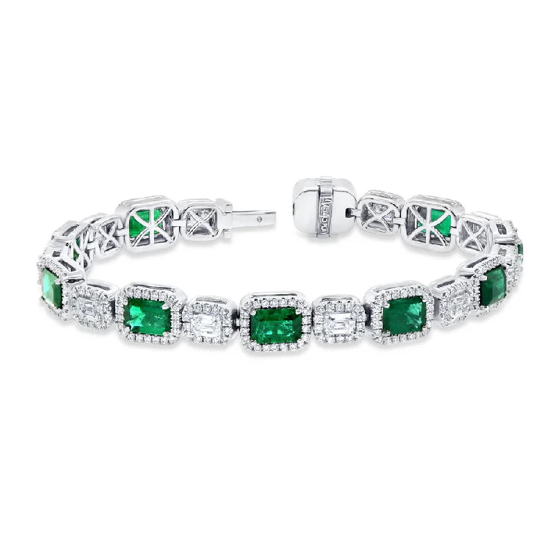 Stackable Silver Bracelets-Uneek Precious Collection Halo Emerald Cut Emerald Link Bracelet