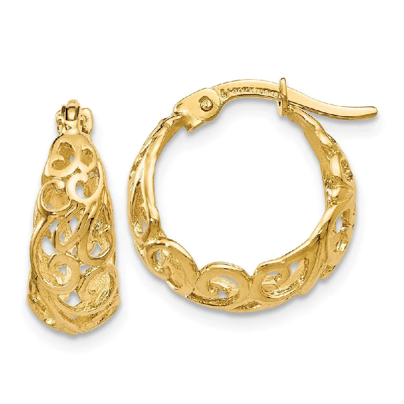 Unique Pearl Earrings-Ornate Tapered Round Hoop Earrings in 14k Yellow Gold, 16mm (5/8 Inch)