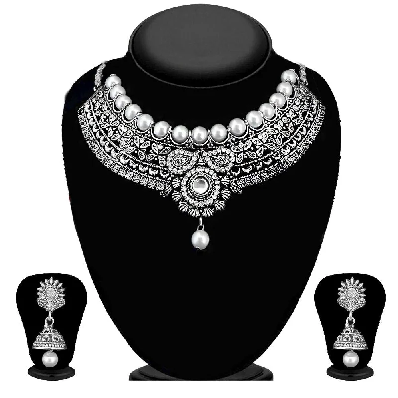 Statement Necklaces for Parties-Kriaa Silver Plated Austrian Stone And Kundan Oxidised Choker Necklace Set - 1115304