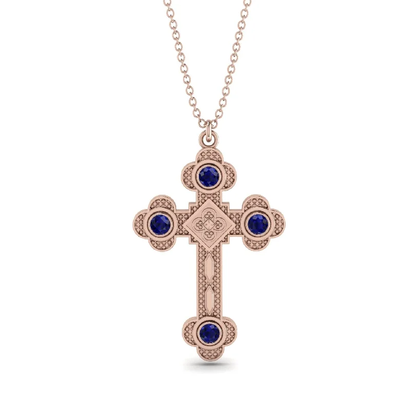 Chunky Gold Necklace-Ornamented Orthodox Cross Sapphire Necklace - Caden No. 14