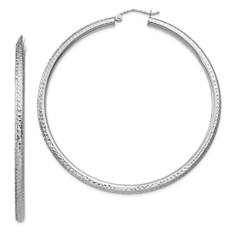 Cute Heart Earrings-3mm x 60mm, 14k White Gold, Diamond-cut Round Hoop Earrings