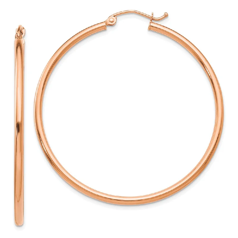 Simple Pearl Earrings-2mm, 14k Rose Gold Polished Round Hoop Earrings, 45mm (1 3/4 Inch)