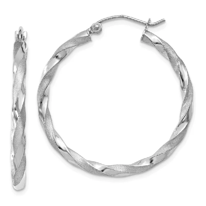 Large Hoop Earrings-14k White Gold Polished & Satin Twisted Round Hoop Earrings, 32mm